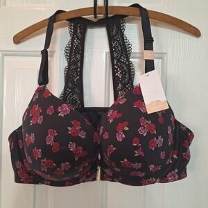 New Cacique 44C Boost Plunge red rose black front closure underwire bra NWT